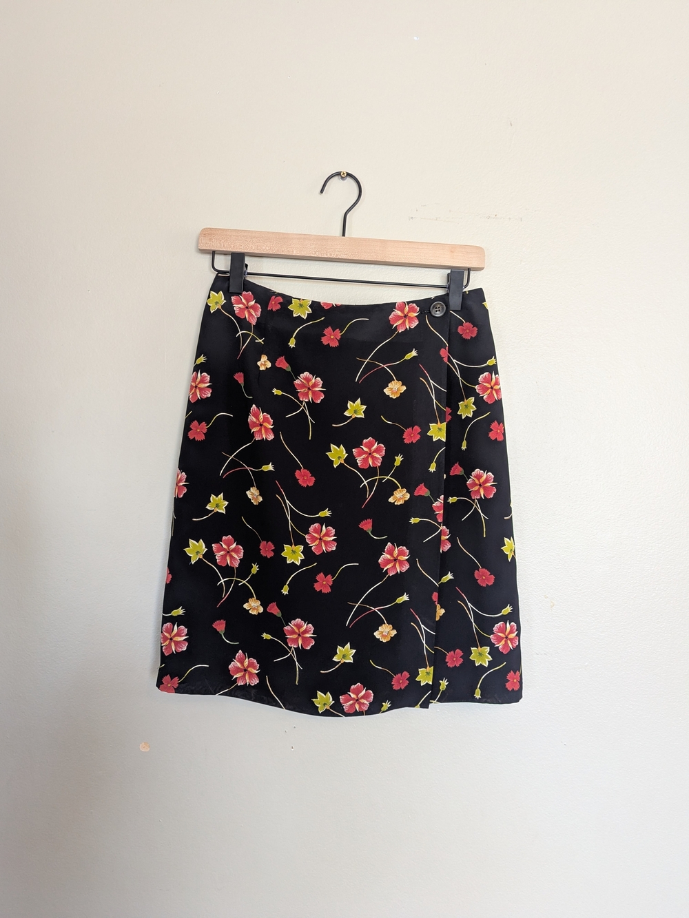 VTG 90s Floral Wrap Mini Skirt in Black with Red & Yellow Whimsygoth